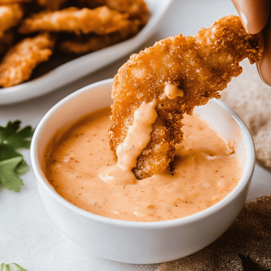 Crispy shrimp being dipped into creamy Bang Bang Sauce in a white bowl.