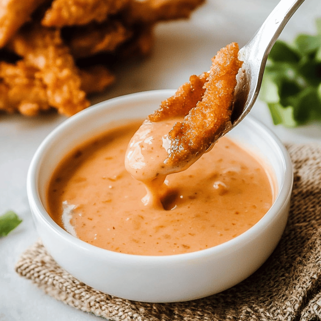 Dipping Crispy Shrimp in Bang Bang Sauce Breaded shrimp on a fork dipped in creamy Bang Bang Sauce in a white bowl.