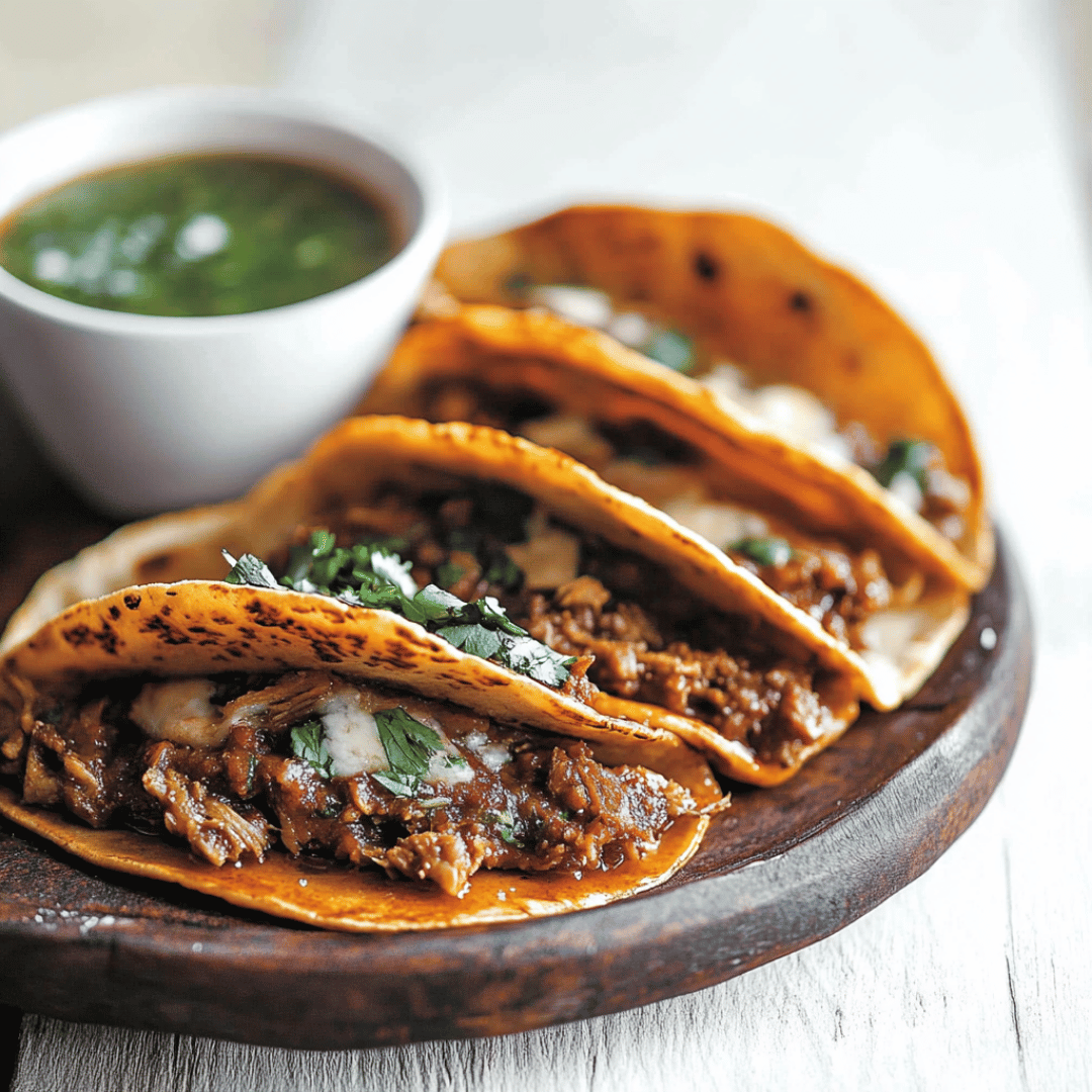 Crispy birria tacos filled with tender beef and melted cheese, garnished with cilantro, served with a side of consommé.