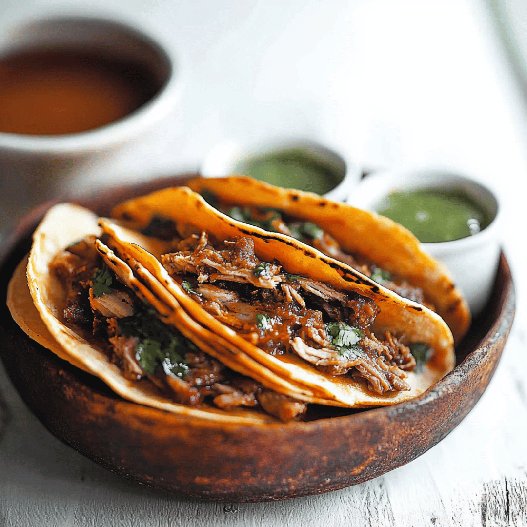 Authentic Birria Tacos with Salsa Sides Three birria tacos filled with shredded beef and garnished with cilantro, served in a rustic wooden bowl with sides of green and red salsas.