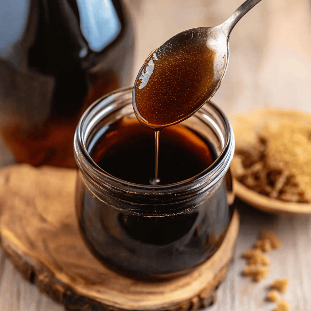 Close-up of homemade brown sugar syrup dripping from a spoon into a glass jar.