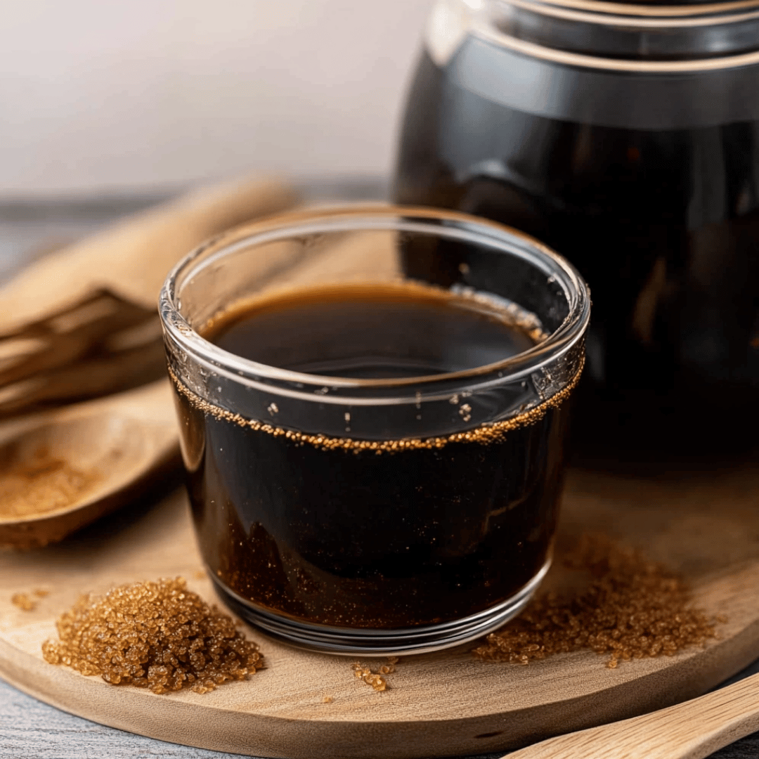 Homemade Brown Sugar Syrup in a Small Glass Cup Glass cup filled with homemade brown sugar syrup on a wooden board with raw brown sugar crystals.