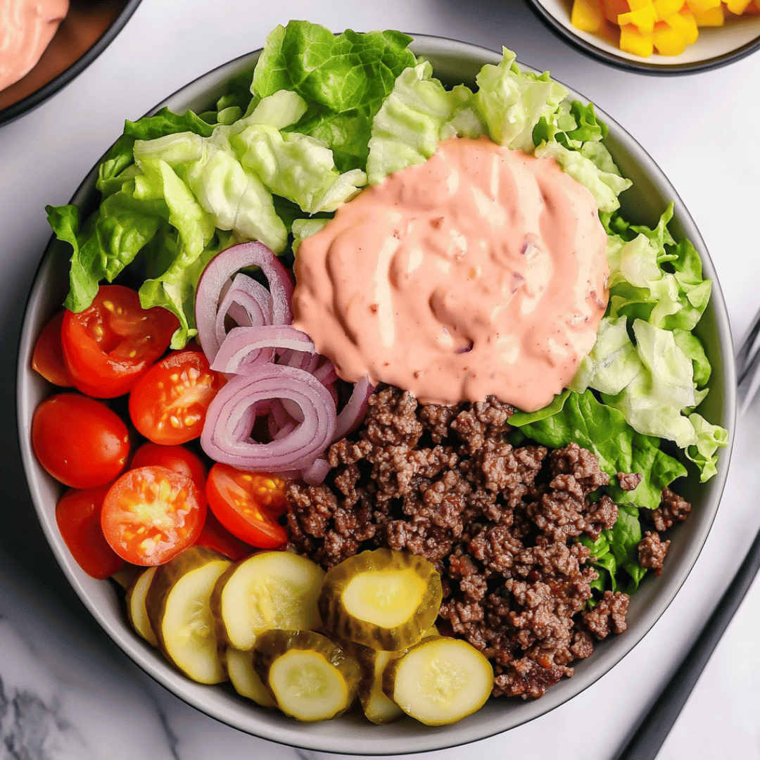 Classic Burger Bowl with Special Sauce and Fresh Veggies Burger bowl with ground beef, lettuce, cherry tomatoes, red onion, pickles, and a dollop of special sauce in a gray bowl.