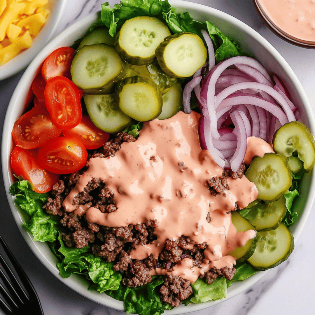 Burger bowl with ground beef, lettuce, pickles, tomatoes, onions, and special sauce in a white bowl.