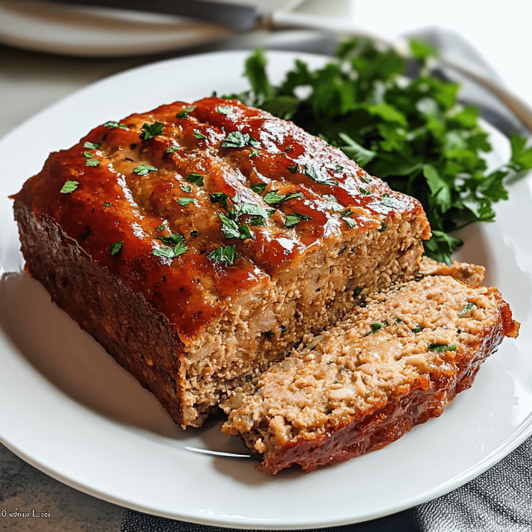 Juicy Glazed Chicken Meatloaf Sliced chicken meatloaf topped with glaze and fresh parsley on a white plate.