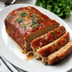 Easy & Juicy Chicken Meatloaf Recipe 2 Sliced glazed chicken meatloaf served on a white plate and garnished with fresh parsley.