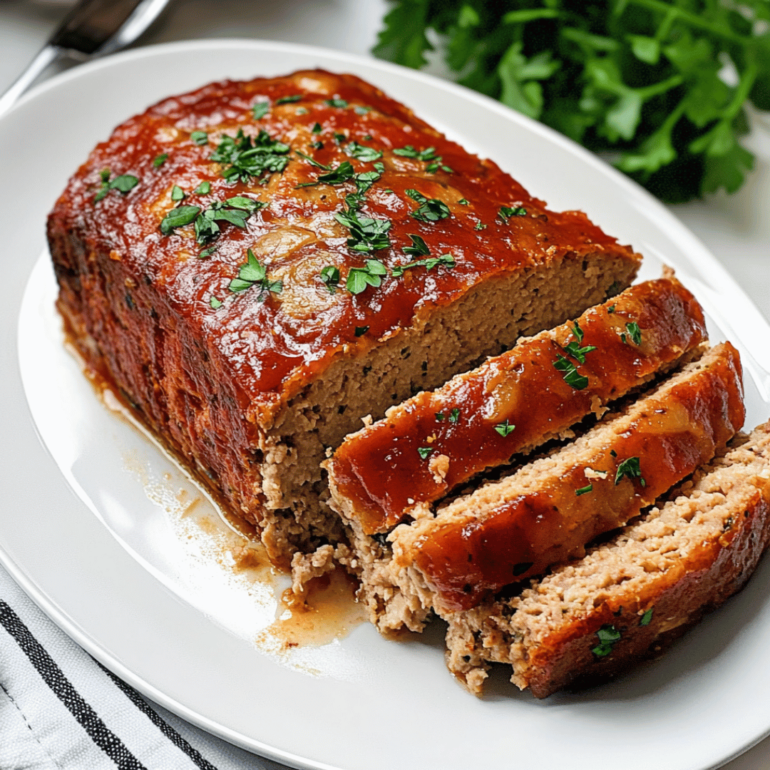 Sliced glazed chicken meatloaf served on a white plate and garnished with fresh parsley.