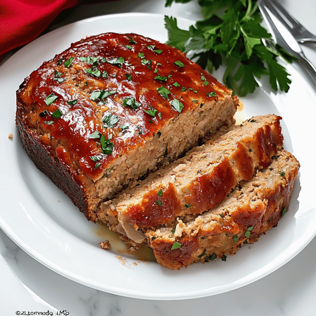 Classic Chicken Meatloaf with Tangy Glaze Sliced chicken meatloaf with a shiny glaze and parsley garnish on a white plate.