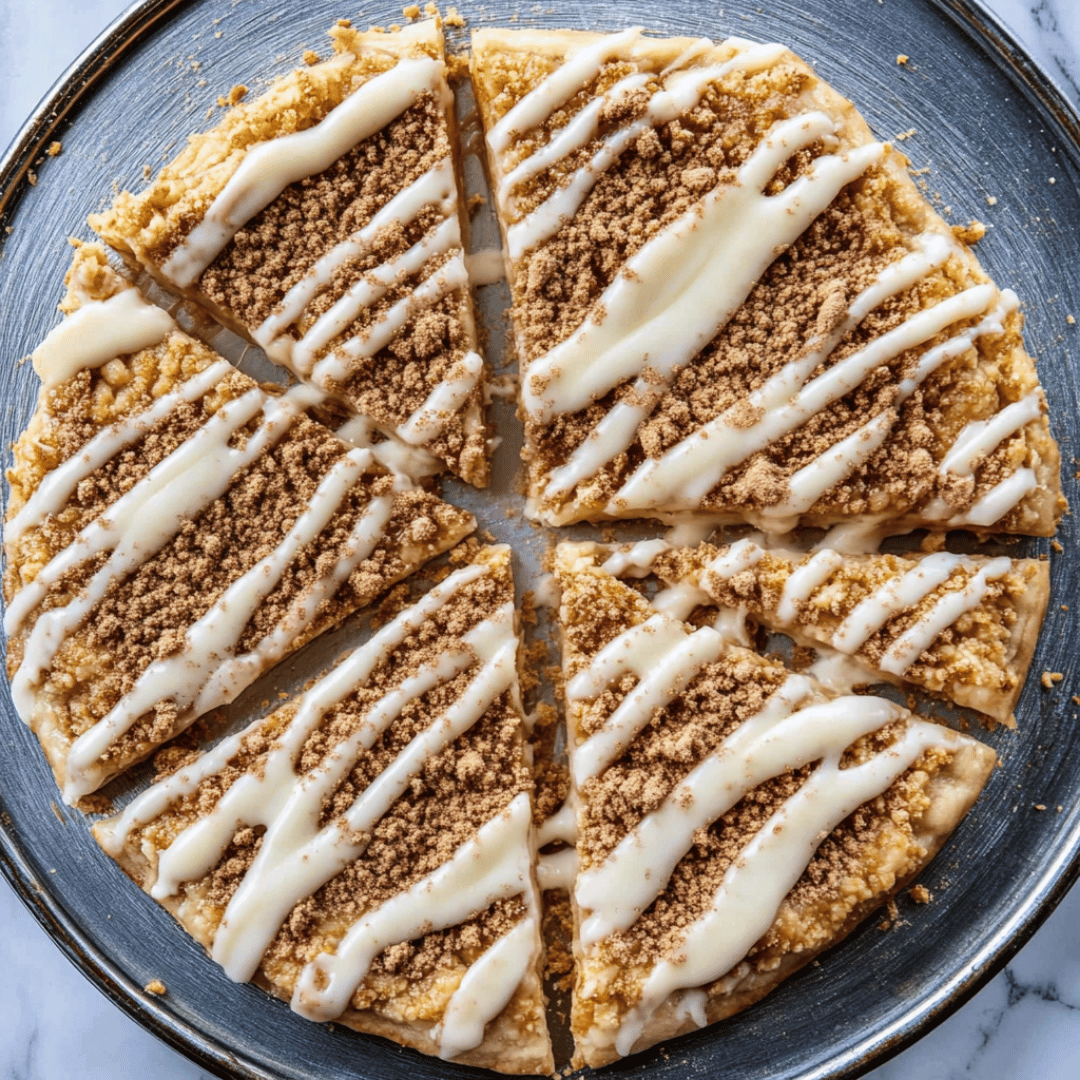 Sliced Cinnamon Dessert Pizza with Vanilla Glaze Sliced cinnamon dessert pizza topped with crumbly cinnamon-sugar topping and drizzled with vanilla glaze on a silver pizza pan.