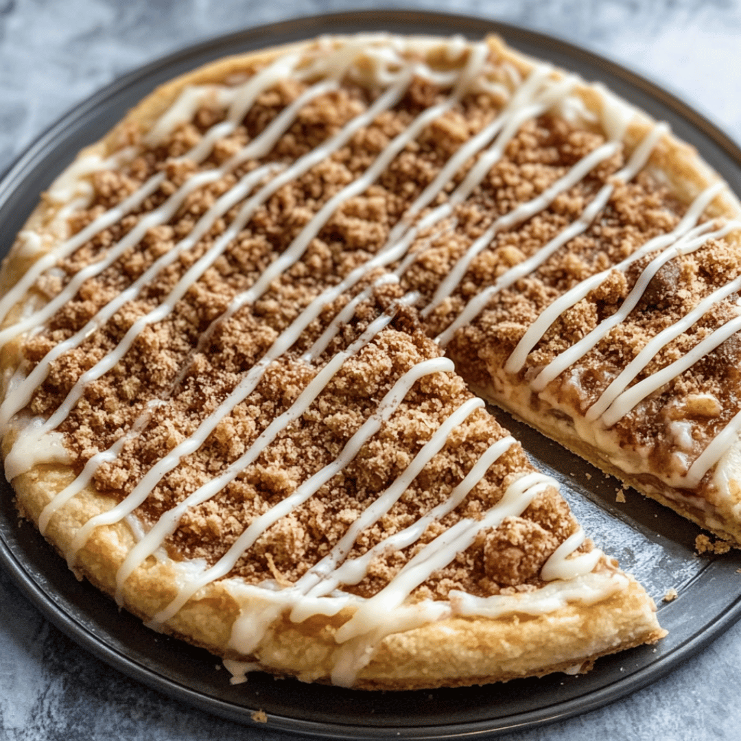 Close-up of a cinnamon dessert pizza with crumble topping and vanilla glaze drizzle on a pizza pan.