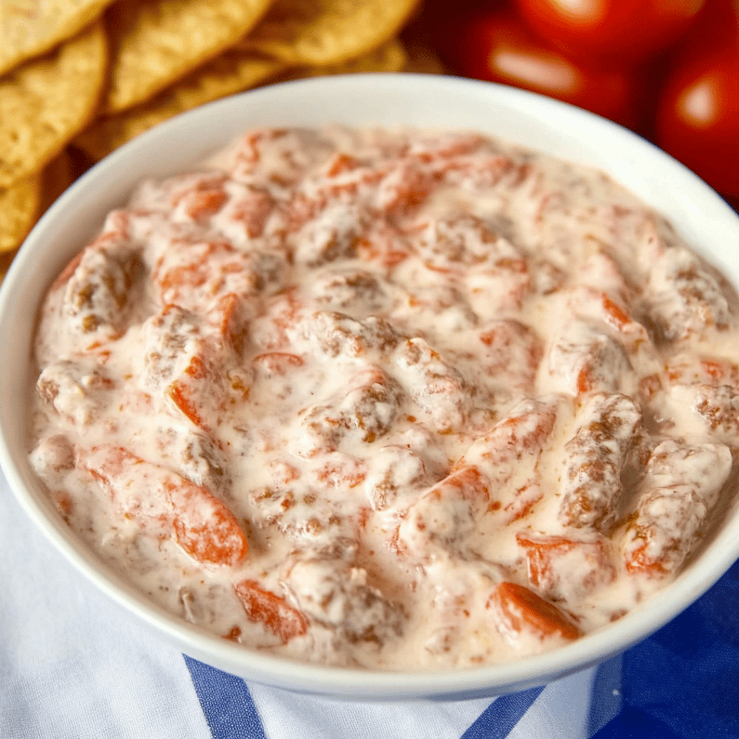 3-Ingredient Cream Cheese Sausage Dip Served with Chips Creamy 3-Ingredient Cream Cheese Sausage Dip with tomatoes and sausage in a white bowl served with tortilla chips