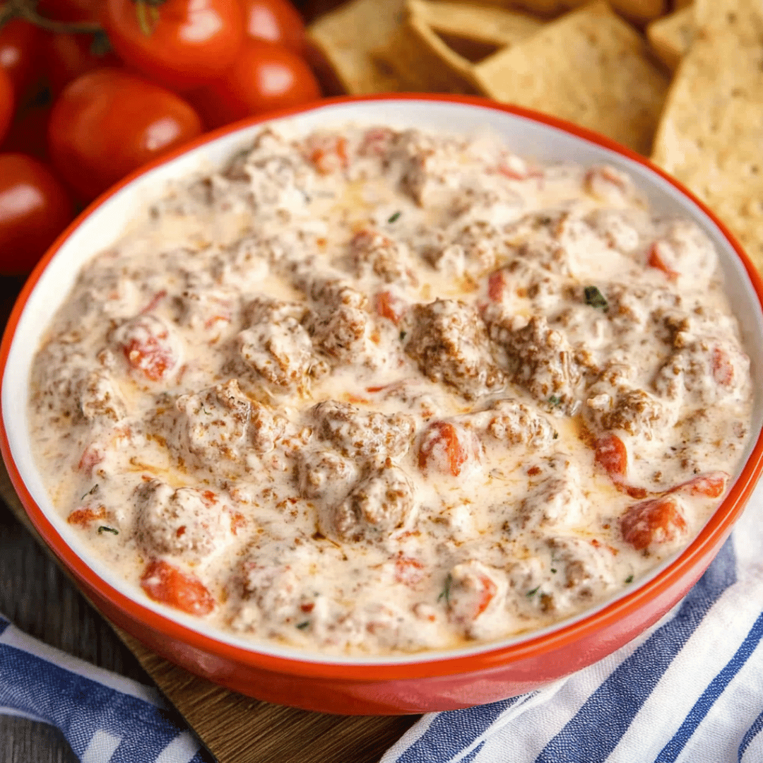 Bowl of 3-Ingredient Cream Cheese Sausage Dip with juicy tomatoes, sausage crumbles, and creamy sauce served with tortilla chips