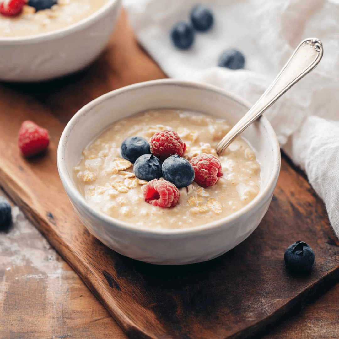 Cream of Wheat with Berries on Rustic Board Cream of Wheat served in a white bowl, topped with fresh raspberries and blueberries, placed on a wooden board.
