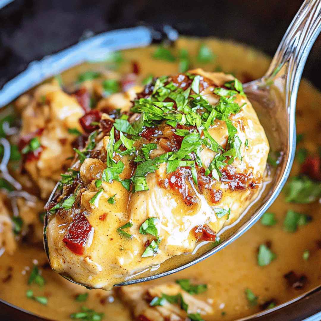 Rich and Creamy Crock Pot Marry Me Chicken with Sun-Dried Tomatoes Spoon lifting a tender piece of Crock Pot Marry Me Chicken topped with sun-dried tomatoes and fresh parsley from a creamy sauce.