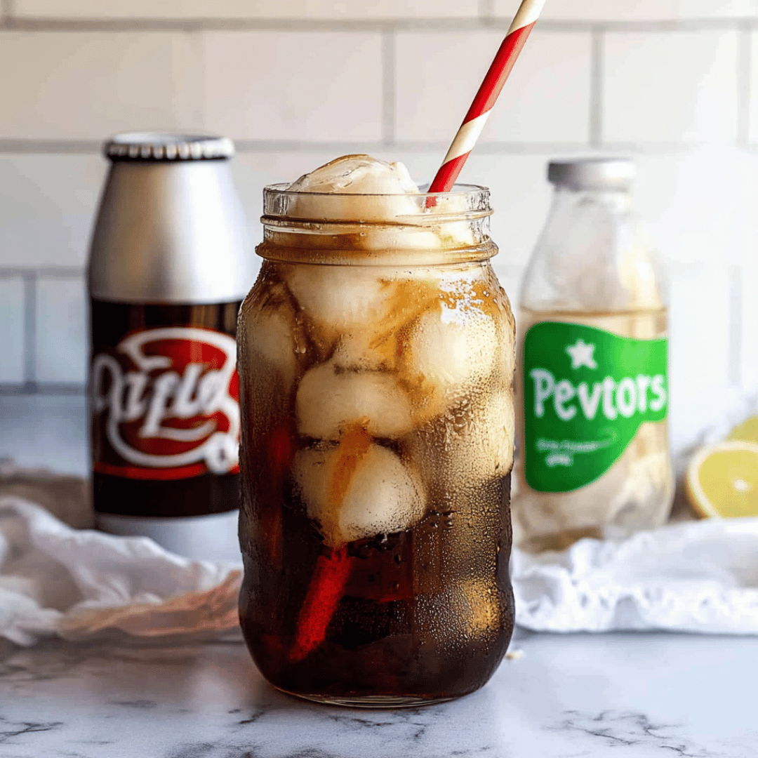 Dirty Dr Pepper with Coconut Cream and Ice Dirty Dr Pepper mocktail with ice and cream in a mason jar, surrounded by soda and coconut bottles