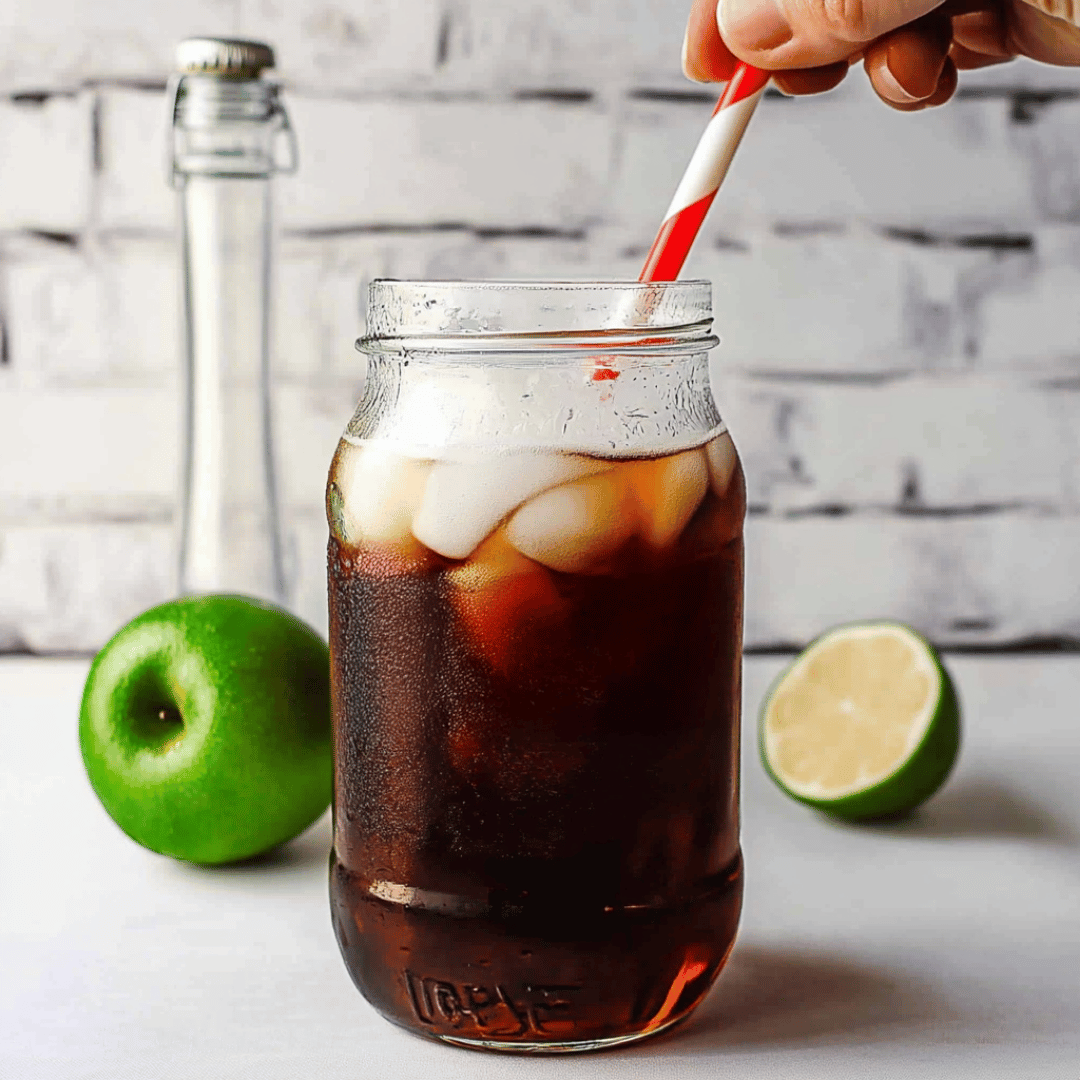 Refreshing Dirty Dr Pepper with Lime and Apple Accents Dirty Dr Pepper mocktail in a mason jar with ice, red striped straw, lime, and green apple