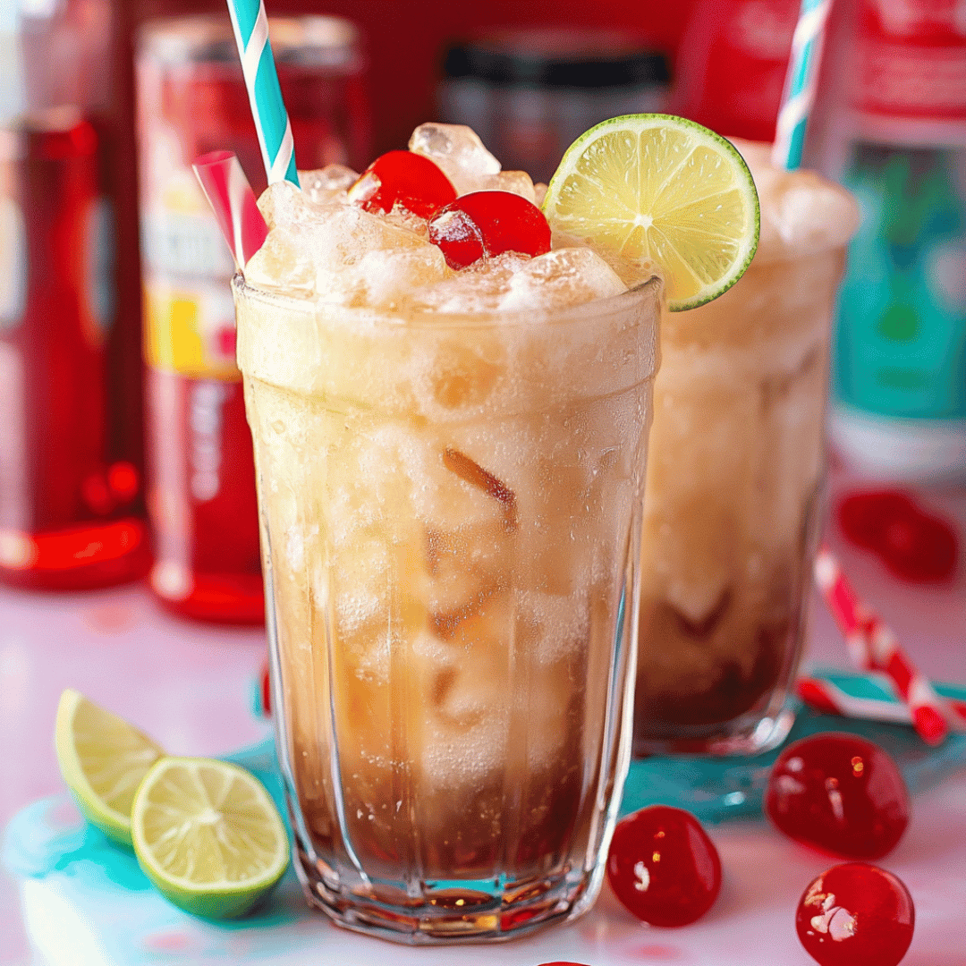 Dirty Soda with Lime and Cherries Dirty Soda in a tall glass with ice, lime slice, and maraschino cherries on top