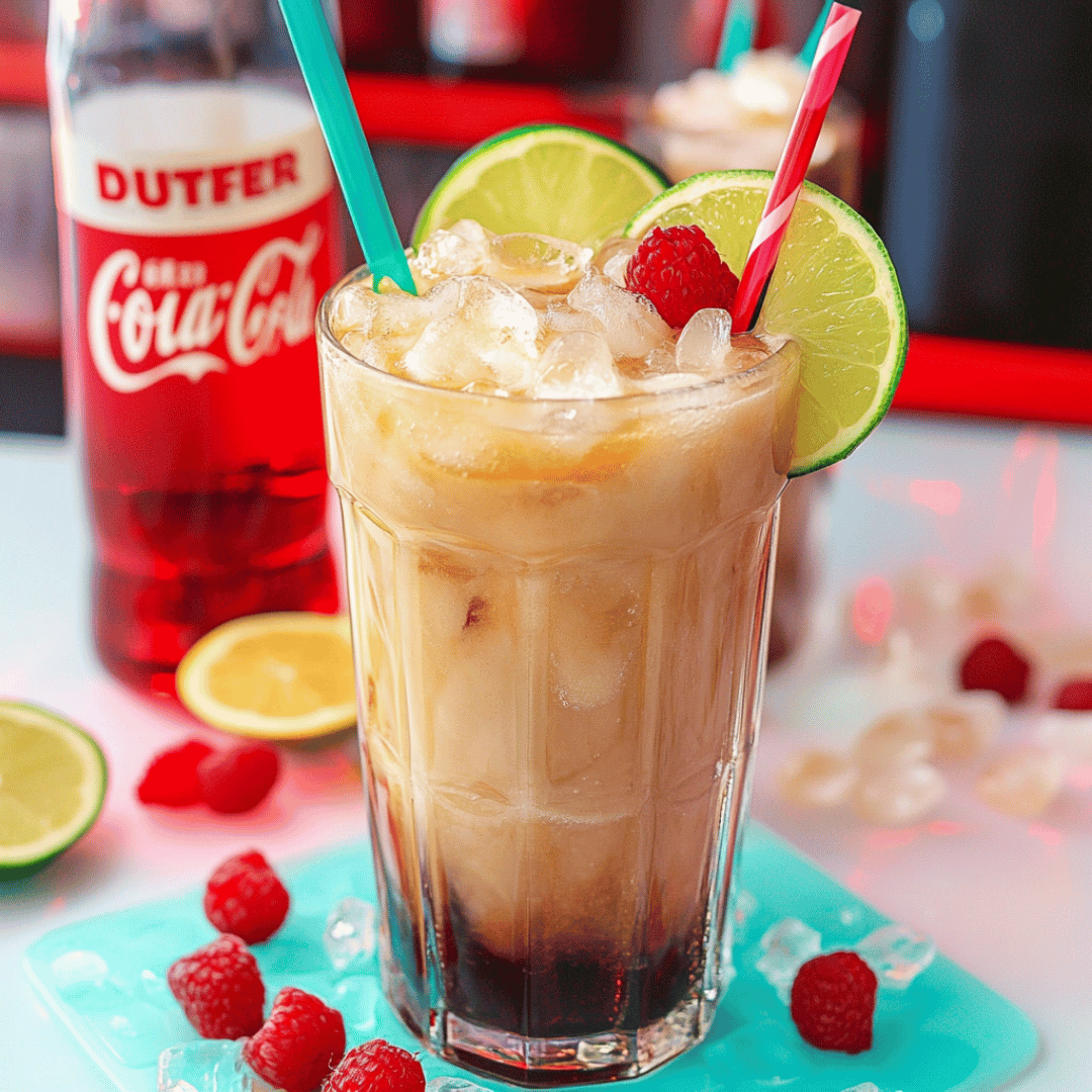 Refreshing Dirty Soda with lime, raspberry, and coconut cream over ice in a tall glass