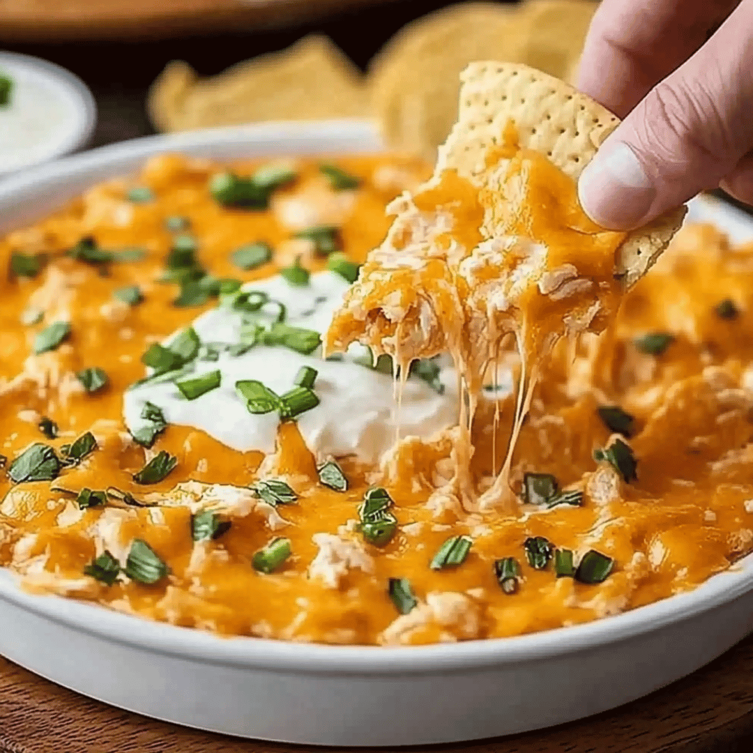 Hand dipping a chip into a hot and cheesy Frank’s Buffalo Chicken Dip topped with sour cream and green onions.