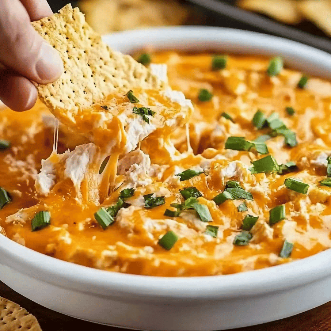 Scooping Hot Frank’s Buffalo Chicken Dip with Cheddar and Scallions Chip scooping creamy Frank’s Buffalo Chicken Dip with melted cheese and fresh green onions.