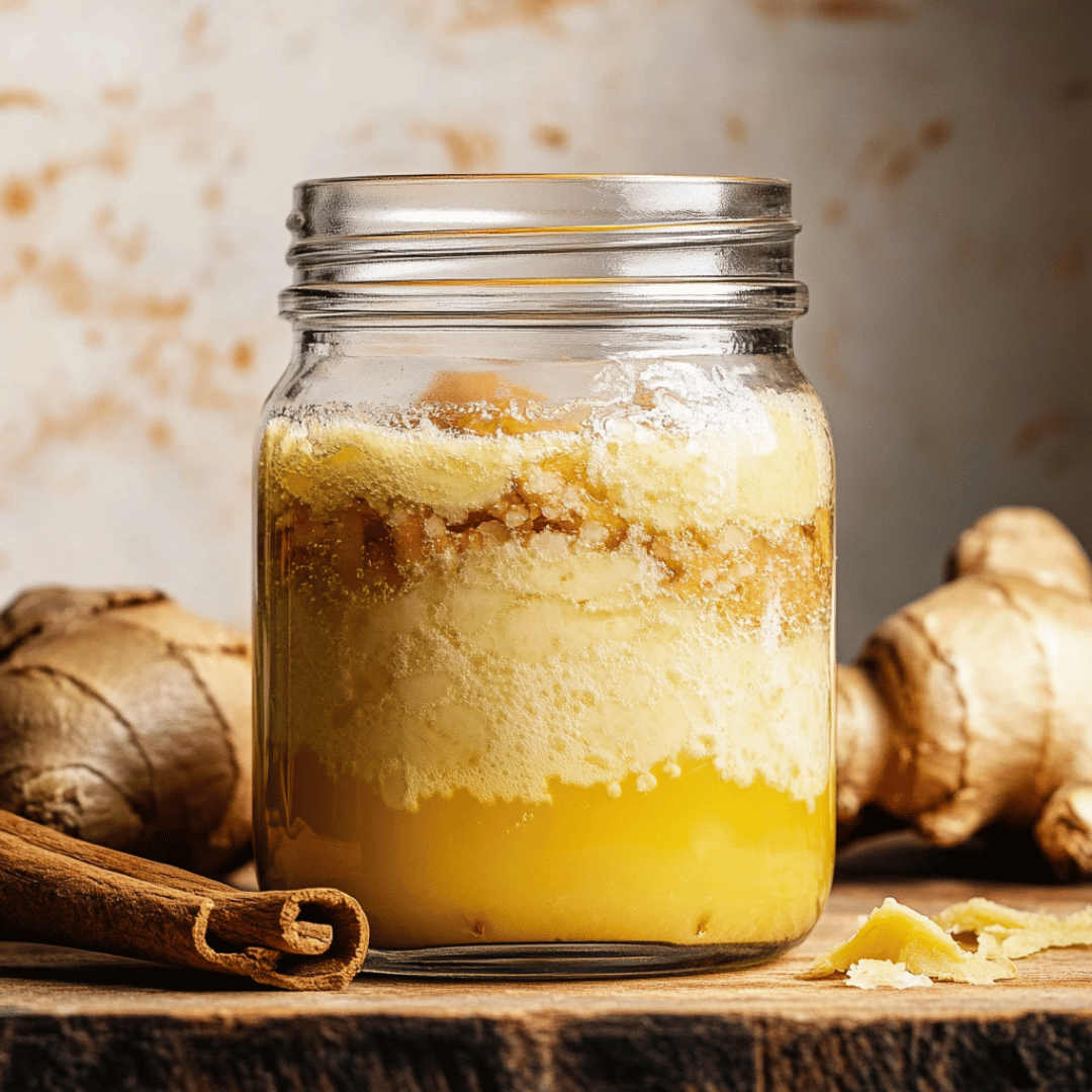 Glass jar of active ginger bug starter with bubbles and fermentation layers, surrounded by fresh ginger and a cinnamon stick on a rustic wooden surface.