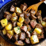 Garlic Butter Steak and Potatoes: The Ultimate Comfort Meal 2 Grilled Steak and Potatoes with golden Yukon potatoes in cast iron skillet