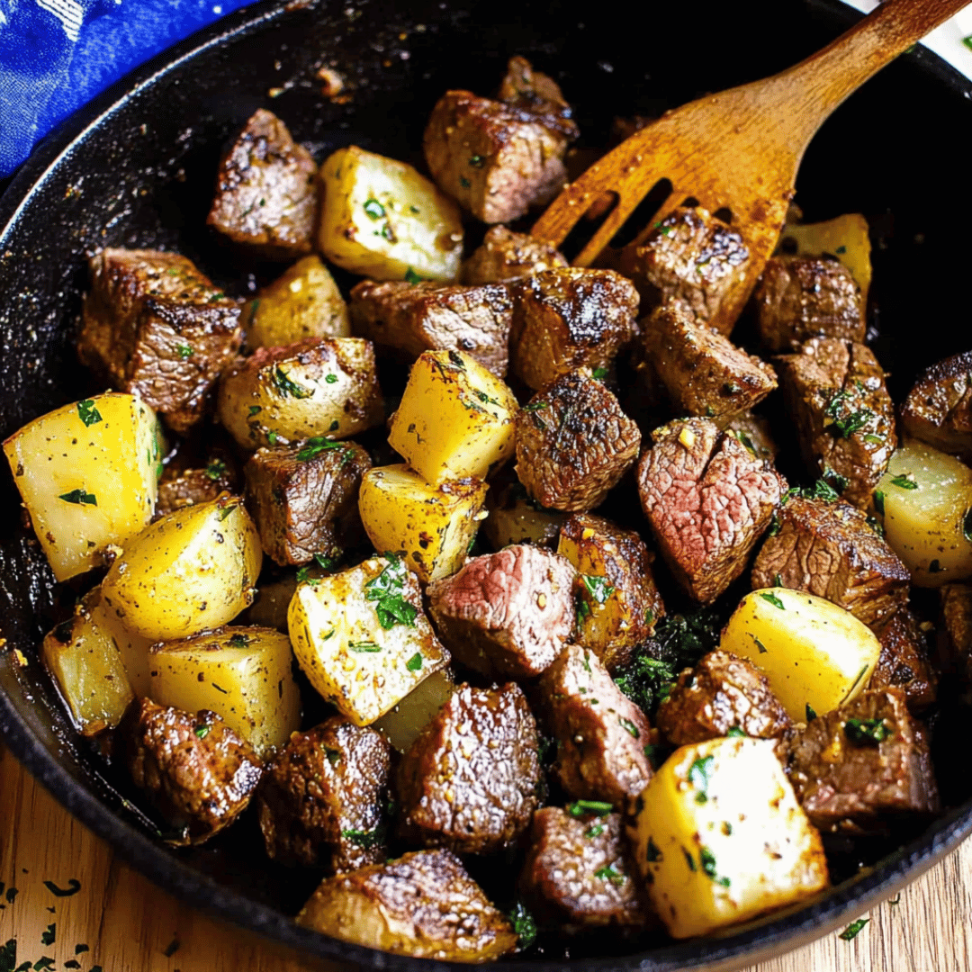 Grilled Steak and Potatoes with golden Yukon potatoes in cast iron skillet