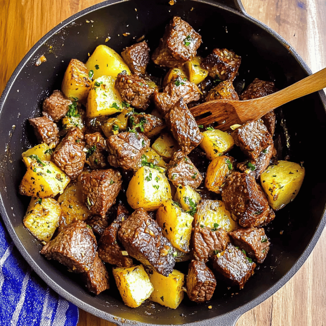Steak and Potatoes Skillet – Hearty Grilled Summer Meal Seared steak bites with roasted potatoes in black skillet on wooden table