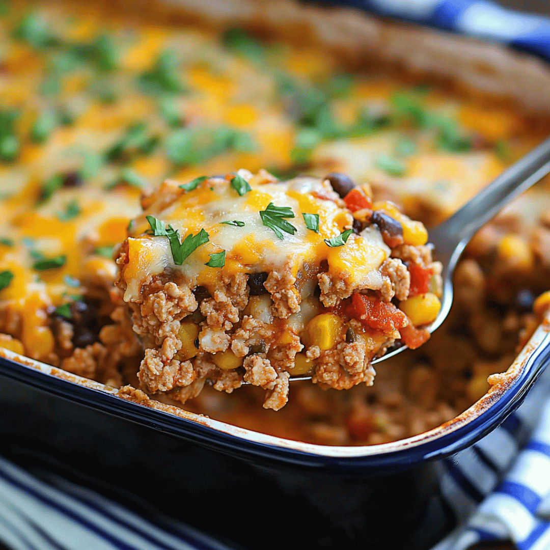 Cheesy Ground Turkey Casserole with Beans and Corn Spoonful of cheesy ground turkey casserole with corn, beans, and melted cheese