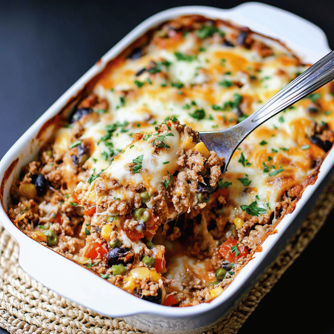 Baked Ground Turkey Casserole with Mixed Vegetables and Cheese Spoon lifting a cheesy ground turkey casserole with vegetables and melted cheese from a white baking dish