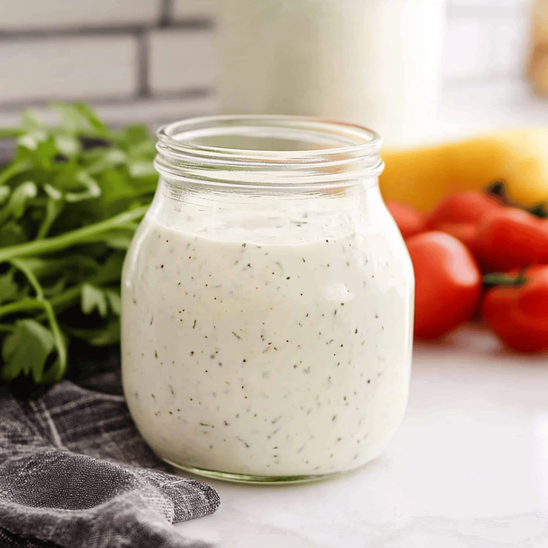 Homemade Hidden Valley ranch dressing in a glass jar with fresh parsley and tomatoes in the background.