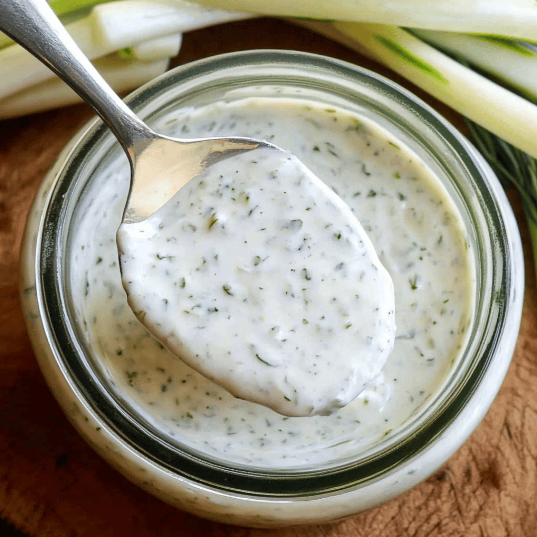 Spoonful of Homemade Hidden Valley Ranch Dressing Close-up of a spoonful of creamy homemade Hidden Valley ranch dressing over a glass jar with fresh herbs in the background.