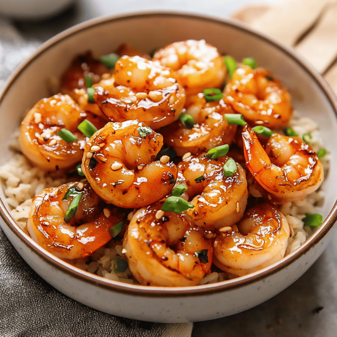 Glazed honey garlic shrimp served over rice and topped with green onions and sesame seeds in a ceramic bowl.