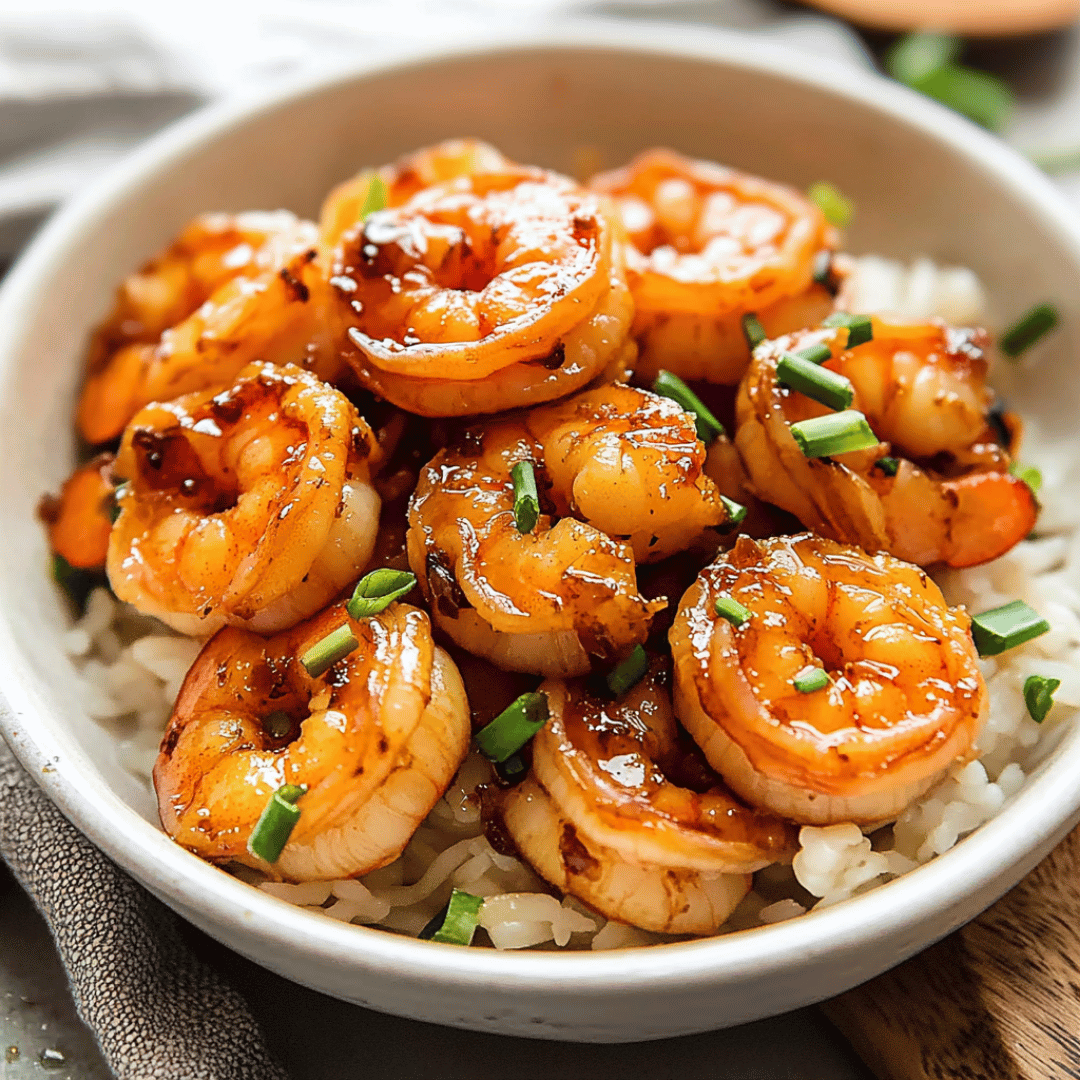 Sticky Honey Garlic Shrimp with Green Onion Garnish Golden honey garlic shrimp served over white rice, garnished with chopped green onions in a white bowl.