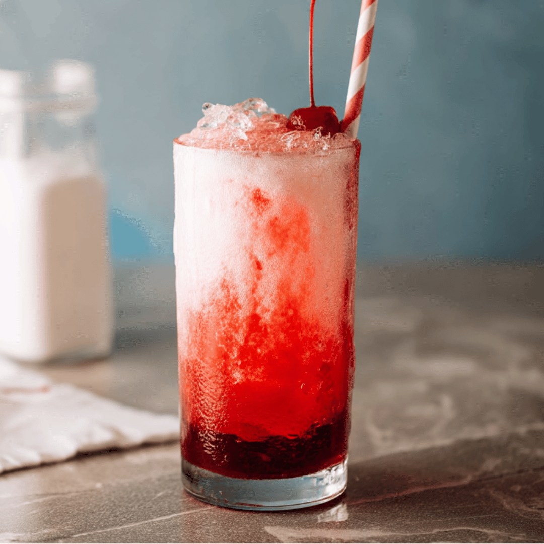 A tall glass of homemade Italian soda with crushed ice, red syrup swirls, cream, and a cherry on top, served with a red-and-white striped straw.