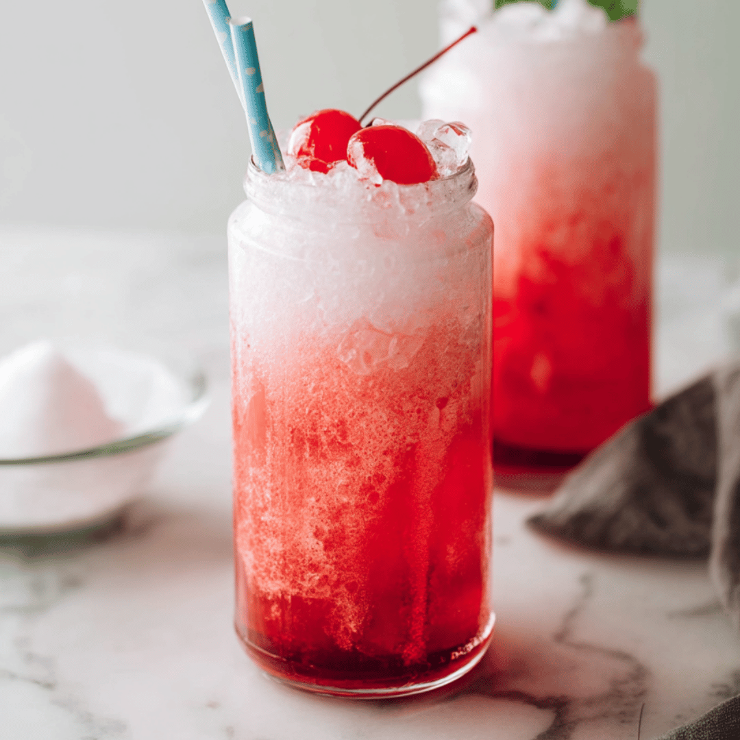 Cherry Italian Cream Soda Served Over Crushed Ice Two tall glasses of red Italian cream soda topped with crushed ice and maraschino cherries, served with colorful paper straws on a marble counter.