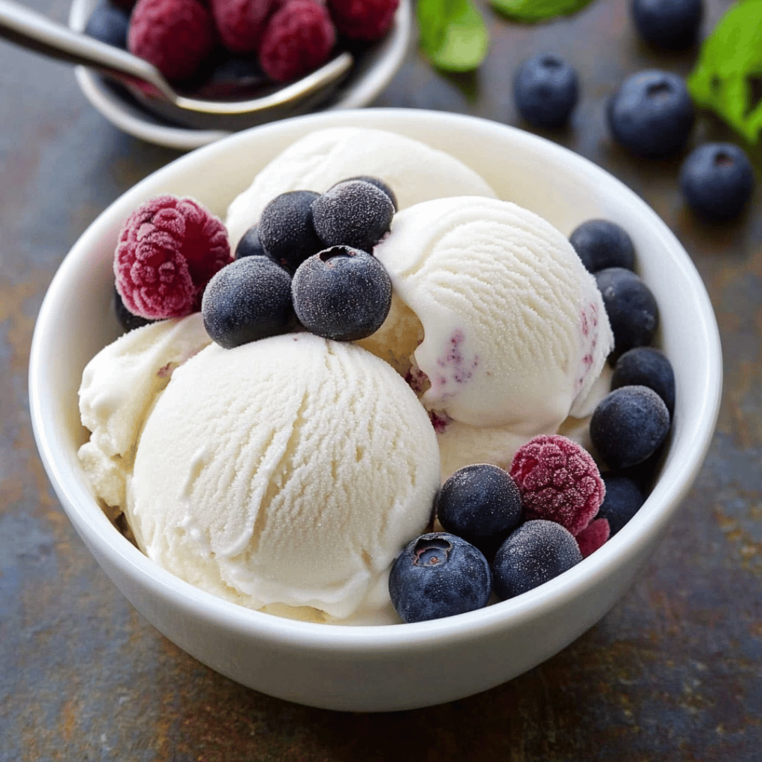 Keto vanilla ice cream scoops in a white bowl topped with frozen raspberries and blueberries.