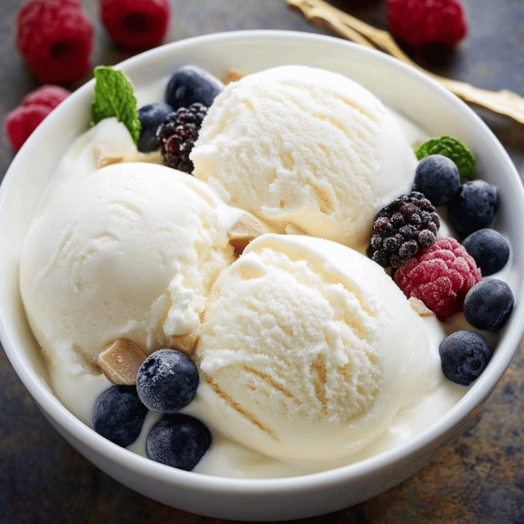 Keto Ice Cream with Berries, Mint, and Caramel Bites Three scoops of keto vanilla ice cream in a white bowl topped with frozen blueberries, raspberries, blackberries, mint leaves, and keto-friendly caramel pieces.