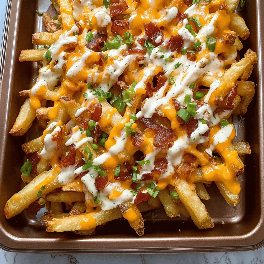 Loaded fries topped with melted cheddar cheese, crispy bacon, ranch dressing, and chopped green onions on a baking sheet.