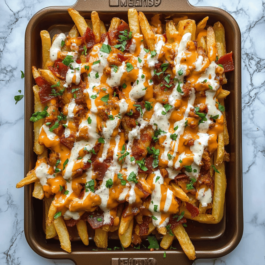 Fully Loaded Fries with Bacon, Ranch, and Cheddar Loaded French fries topped with crispy bacon, creamy ranch dressing, melted cheddar cheese, and fresh parsley on a golden baking tray.