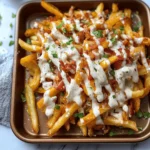 The Ultimate Loaded Fries Recipe: Crispy, Cheesy, and Totally Irresistible! 2 Golden French fries topped with melted cheddar cheese, crispy bacon, ranch dressing, and chopped parsley served on a baking sheet.