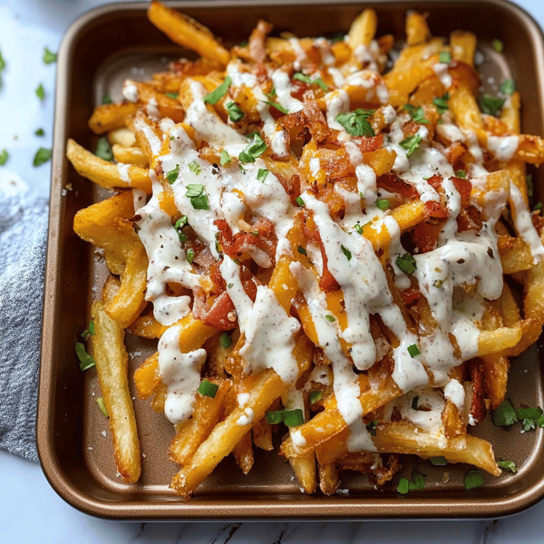 Crispy Loaded Fries with Bacon, Cheddar, and Ranch Drizzle Golden French fries topped with melted cheddar cheese, crispy bacon, ranch dressing, and chopped parsley served on a baking sheet.