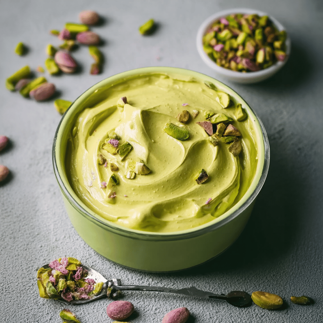 Thick pistachio cream in a green bowl topped with chopped pistachios and rose petals
