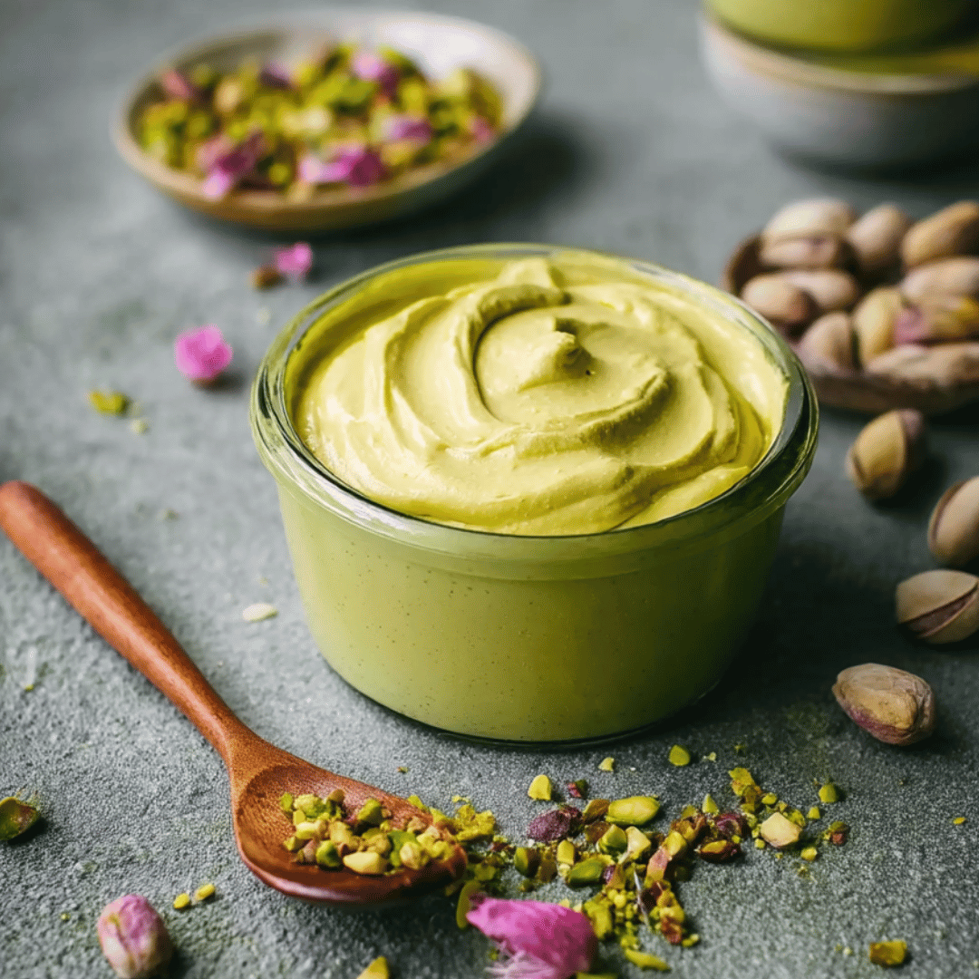 Homemade Pistachio Cream in a Jar Creamy homemade pistachio cream in a glass jar with chopped pistachios and rose petals