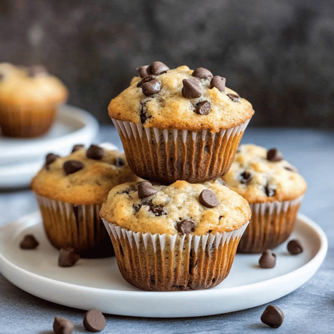 High-protein chocolate chip muffins stacked on a white plate