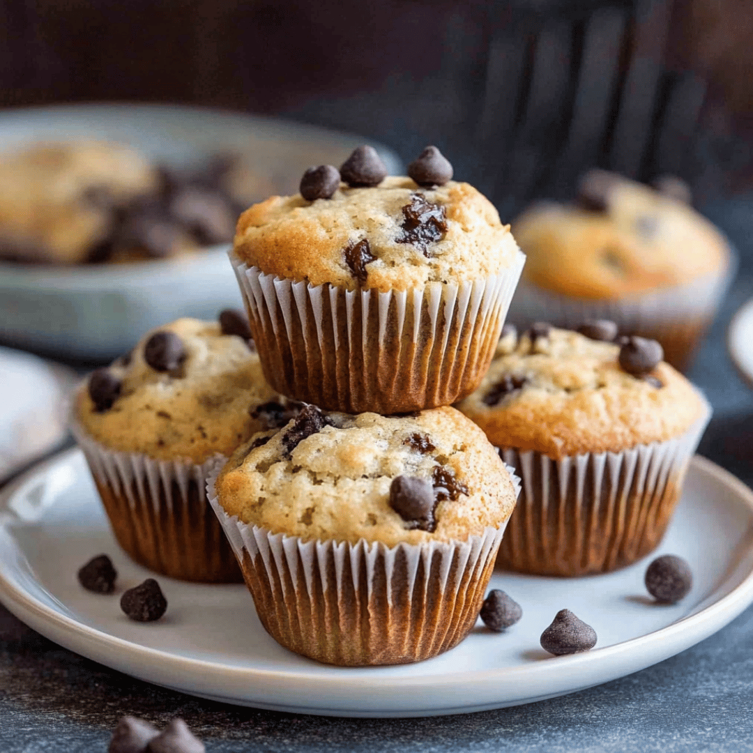 Healthy Chocolate Chip Protein Muffins for Meal Prep Stack of moist protein muffins with chocolate chips on a ceramic plate