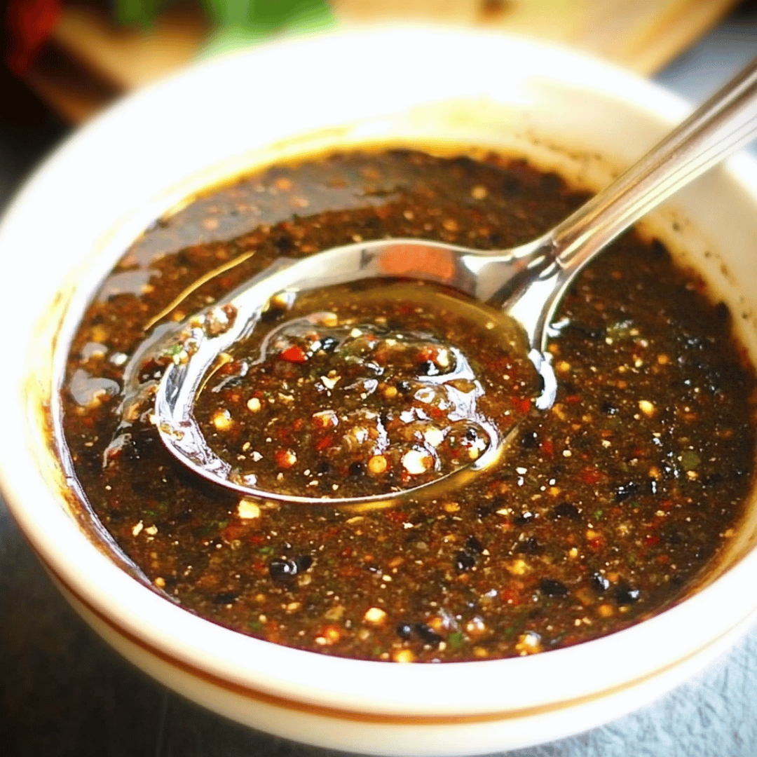 Close-up of a spoonful of chunky Salsa Macha in a white bowl.