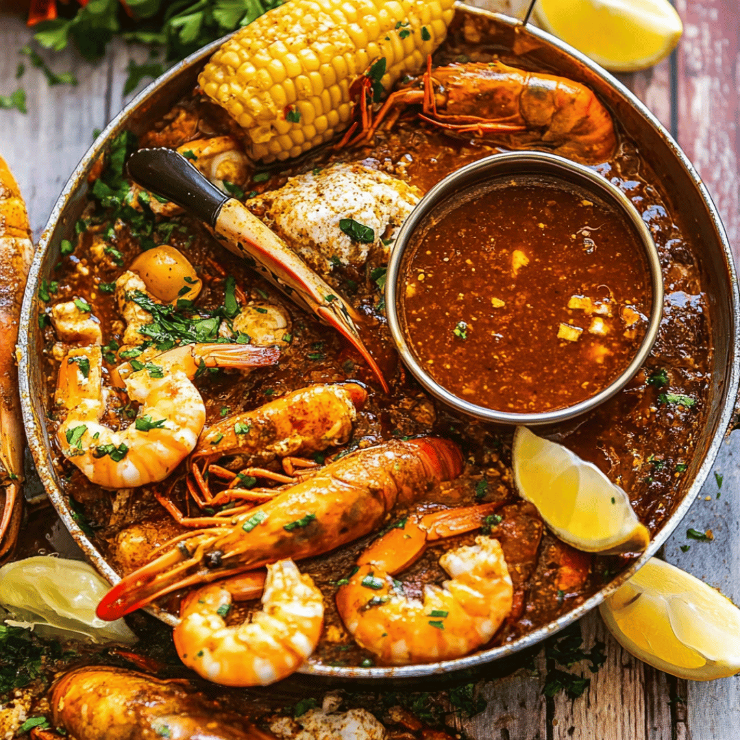 Seafood boil with shrimp, crab legs, corn, and spicy garlic butter sauce in a large bowl