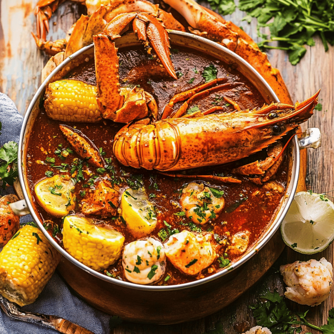 Lobster and Crab Seafood Boil with Spicy Cajun Butter Sauce Seafood boil with lobster, crab, corn, potatoes, and Cajun butter sauce in a rustic pot