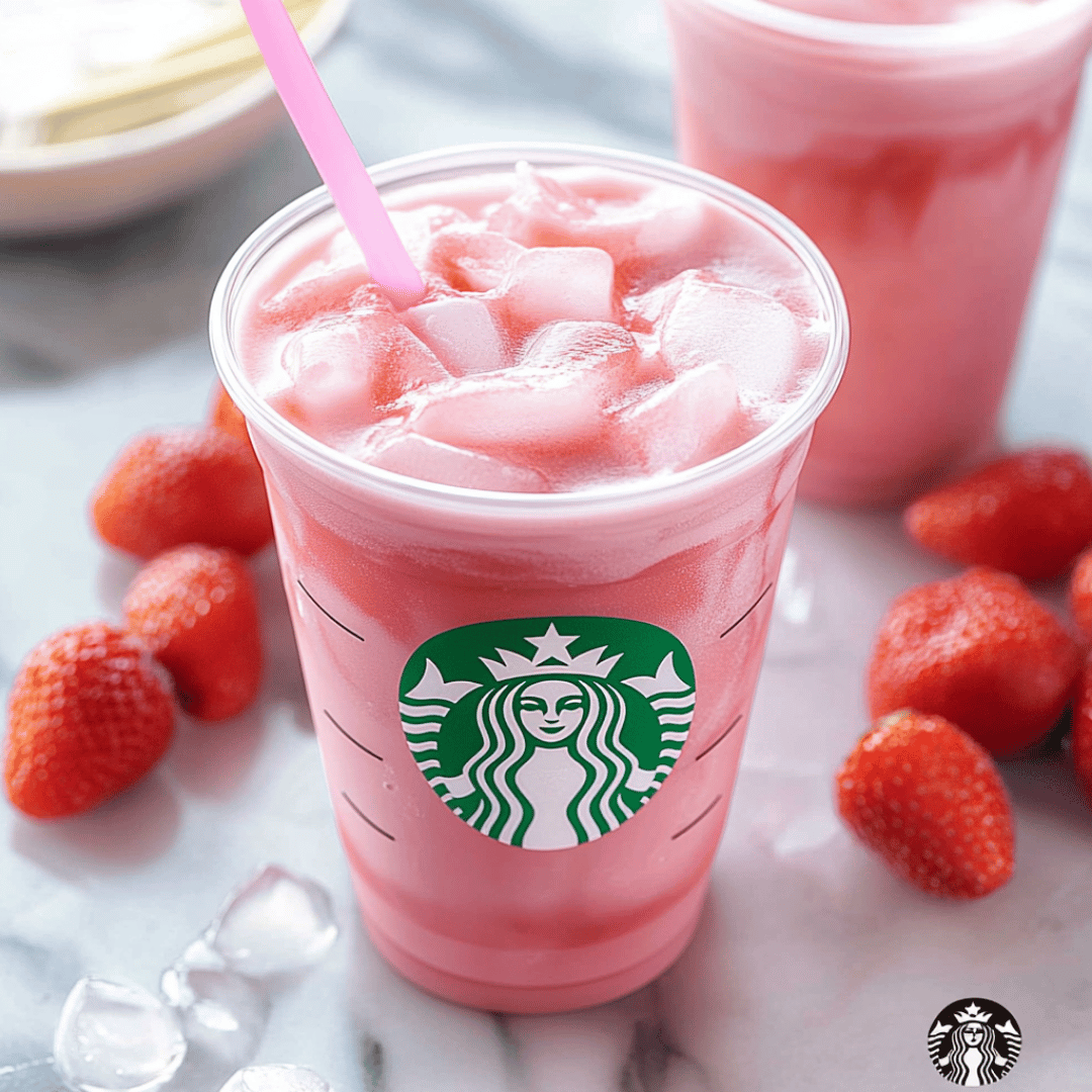 Iced Starbucks Pink Drink with fresh strawberries and coconut milk in a clear cup